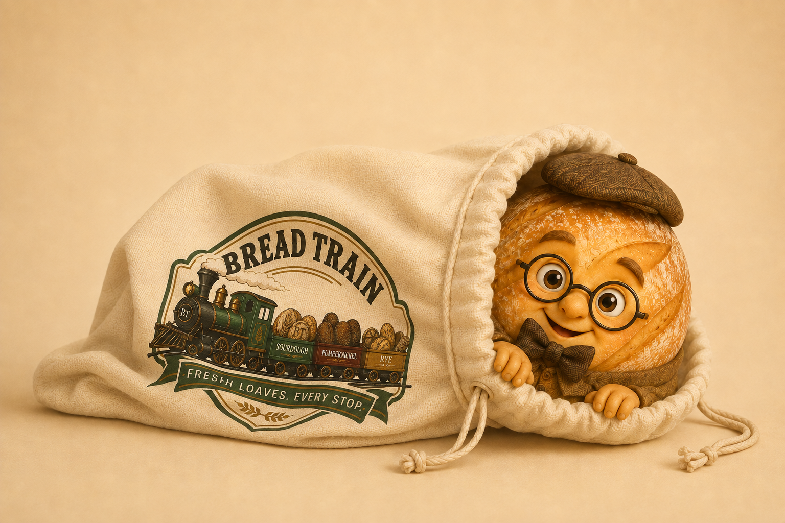 Professor Crumb peeking from a cream Bread Train drawstring bread bag