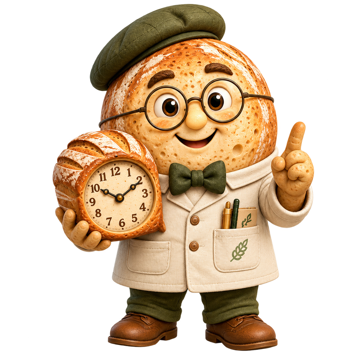Professor Crumb holding his bread-shaped clock